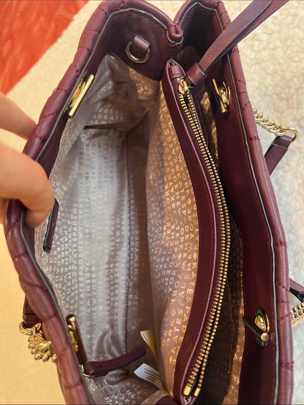 kate spade Quilted Burgundy Leather with Gold Chain Handles and longer strap. - Picture 11 of 13